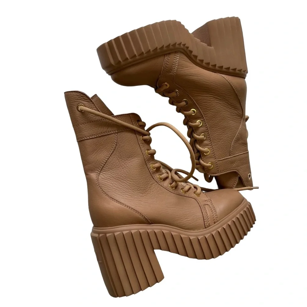 AGL Tania Leather Platform Combat Boots Camel Brown Lace Up Made Italy 7.5